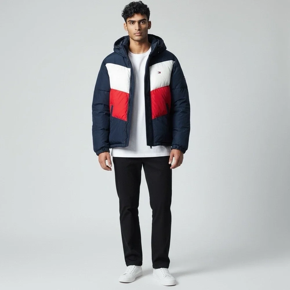 Tommy Hilfiger Men's Quilted Stand Collar Jacket Size L Midnight/Ice/Red Puffer